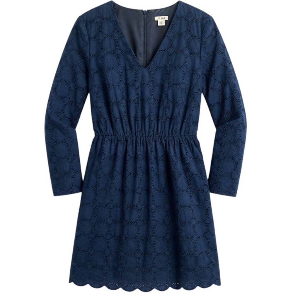 J.Crew Eyelet Long Sleeve V-Neck Dress Women 10 Navy Blue Scalloped Hem Mini